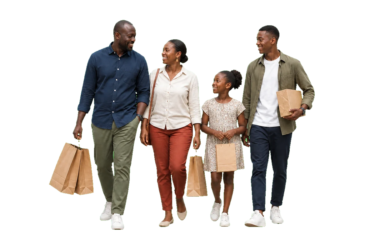 Famille congolaise revenant de courses avec ses sacs